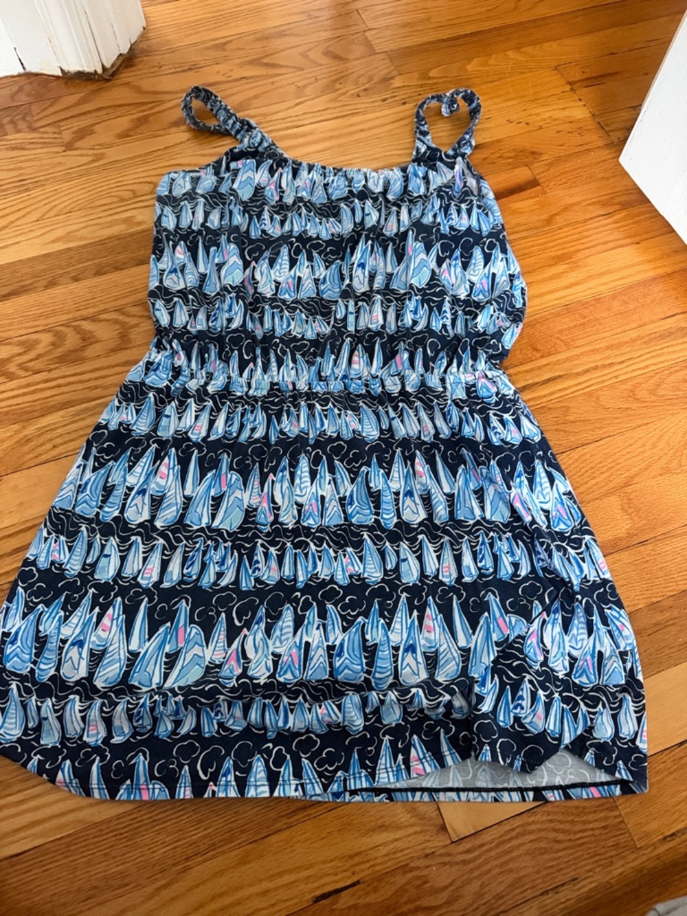 Lilly Pulitzer Navy, Light Blue & White Sailboat Print Spaghetti-Strap Dress